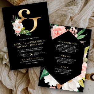 Magnolia Floral Gold Ampersand Black Wedding Invitation