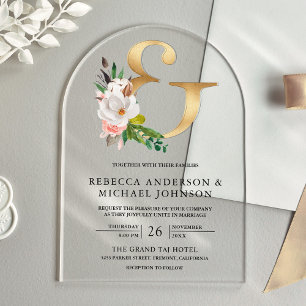 Magnolia Floral Gold Ampersand Wedding Acrylic Invitations