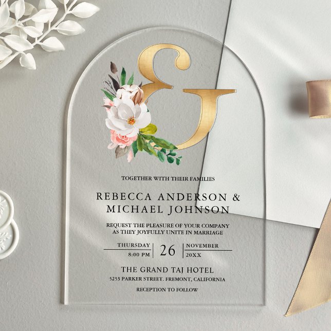Magnolia Floral Gold Ampersand Wedding Acrylic Invitations (Creator Uploaded)