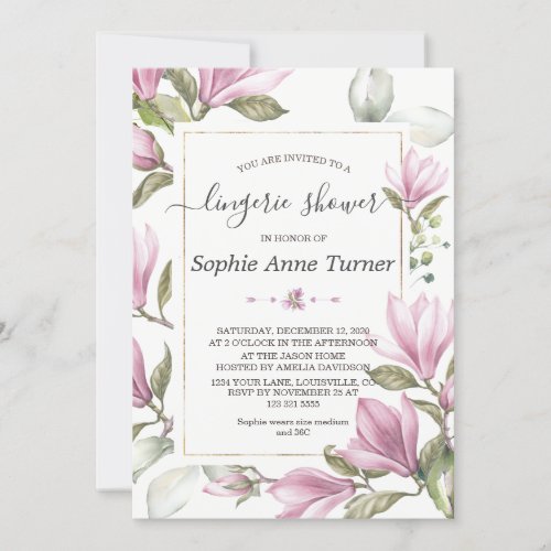 Magnolia Floral Gold Calligraphy Lingerie Shower Invitation