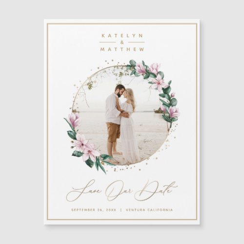 Magnolia Floral Gold Circle Photo Save the Date