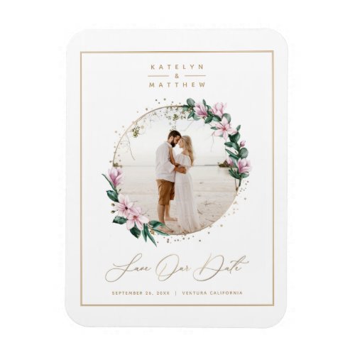 Magnolia Floral Gold Circle Photo Save the Date Magnet