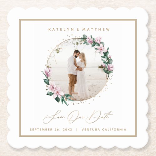 Magnolia Floral Gold Circle Photo Save the Date Paper Coaster