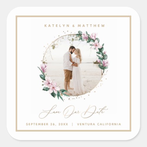 Magnolia Floral Gold Circle Photo Save the Date Square Sticker