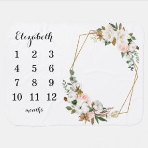Magnolia Floral Gold Geometric Frame Milestone Baby Blanket