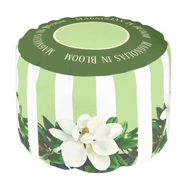 Magnolia Floral Green & White Striped Round Pouf (Angled Back)