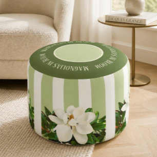 Magnolia Floral Green & White Striped Round Pouf