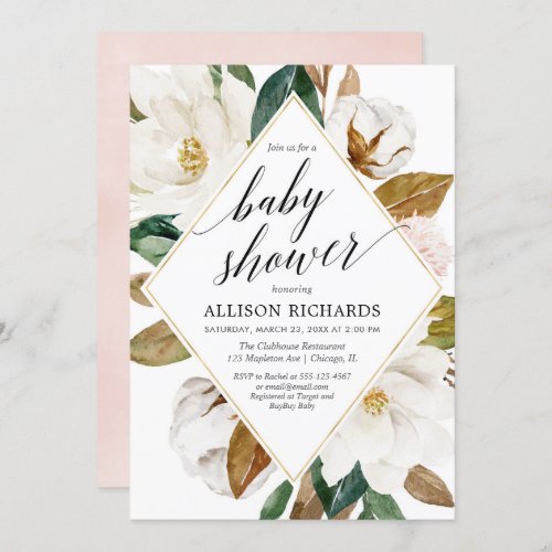 Magnolia floral greenery rustic girl baby shower invitation