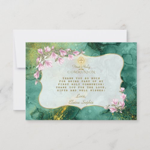 Magnolia Floral Malachite Gold Holy Communion Thank You Card