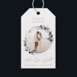 Magnolia Floral & Mauve Circle Photo Save The Date Gift Tags<br><div class="desc">Rustic Chic Magnolia Floral with Mauve Circle Framed Photo Save the Date Gift Tags. This design is elegant, airy, and romantic. With faux metallic Mauve Purple foil text and golden marble texture on the back side. Personalize it with your picture (you can even replace the marble back with your image)....</div>