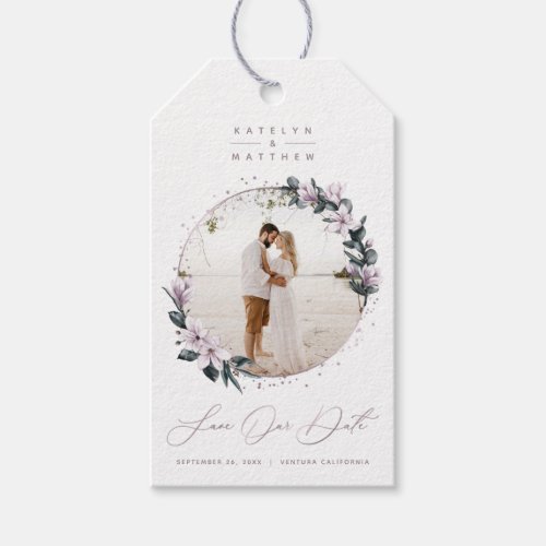 Magnolia Floral  Mauve Circle Photo Save The Date Gift Tags