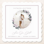 Magnolia Floral & Mauve Circle Photo Save The Date Paper Coaster<br><div class="desc">Rustic Chic Magnolia Floral with Mauve Circle Framed Photo Save the Date Square Scalloped Coasters. This design is elegant, airy, and romantic. With faux metallic Mauve Purple foil text. Personalize it with your picture Wedding Save the Date custom photo cards! ~ Check my shop to see the entire suite for...</div>