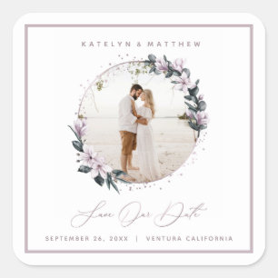 Magnolia Floral & Mauve Circle Photo Save The Date Square Sticker