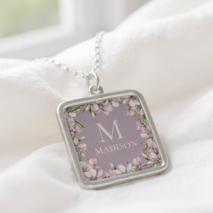 Magnolia Floral Monogram Custom Name Silver Plated Necklace
