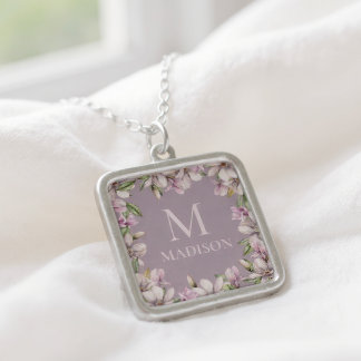 Magnolia Floral Monogram Custom Name Silver Plated Necklace