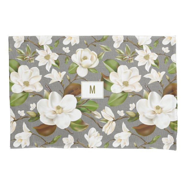 Magnolia Floral Monogram Pillow Case (Front)