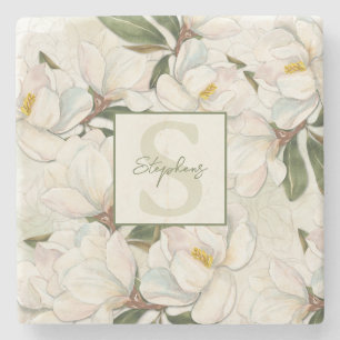 Magnolia Floral Monogram Stone Coaster