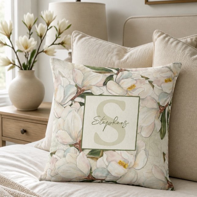 Magnolia Floral Monogram Throw Pillow (Creator Uploaded)
