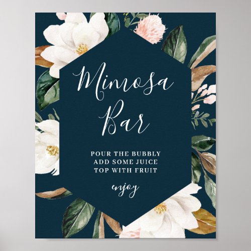 Magnolia floral navy bridal shower mimosa bar sign