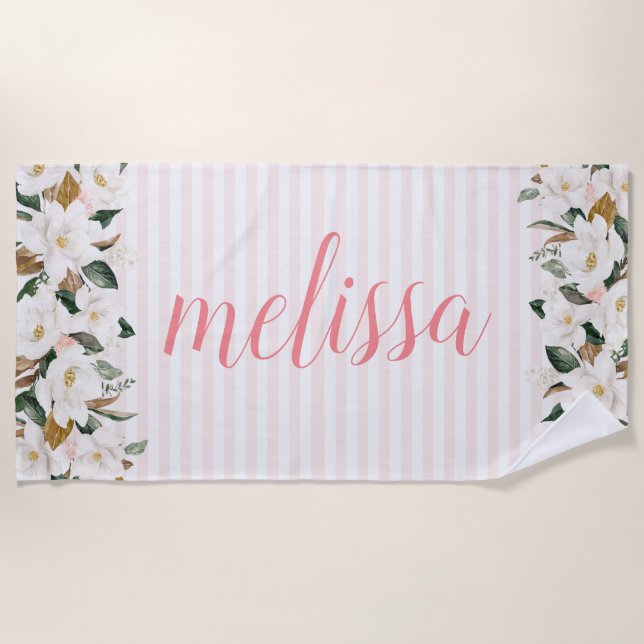 magnolia floral personalized script beach towel (Front)