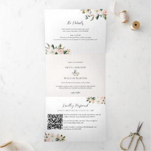 Magnolia Floral Photo Wedding with RSVP QR Code Tri-Fold Invitation