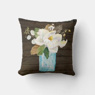Magnolia Floral Rustic Dark Wood  Blue Glass Vase Throw Pillow
