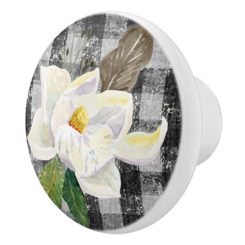 Magnolia Floral Rustic Farmhouse Black White Check Ceramic Knob