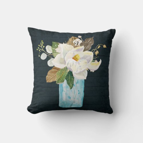 Magnolia Floral Rustic Navy Wood Blue Glass Vase Throw Pillow