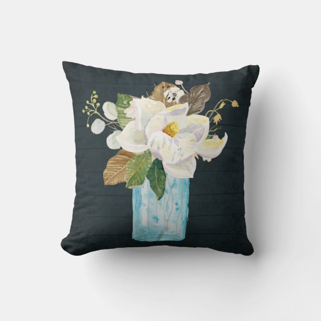 Magnolia Floral Rustic Navy Wood Blue Glass Vase Throw Pillow (Front)