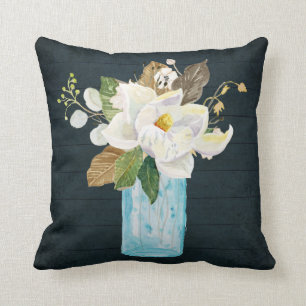 Magnolia Floral Rustic Navy Wood Blue Glass Vase Throw Pillow