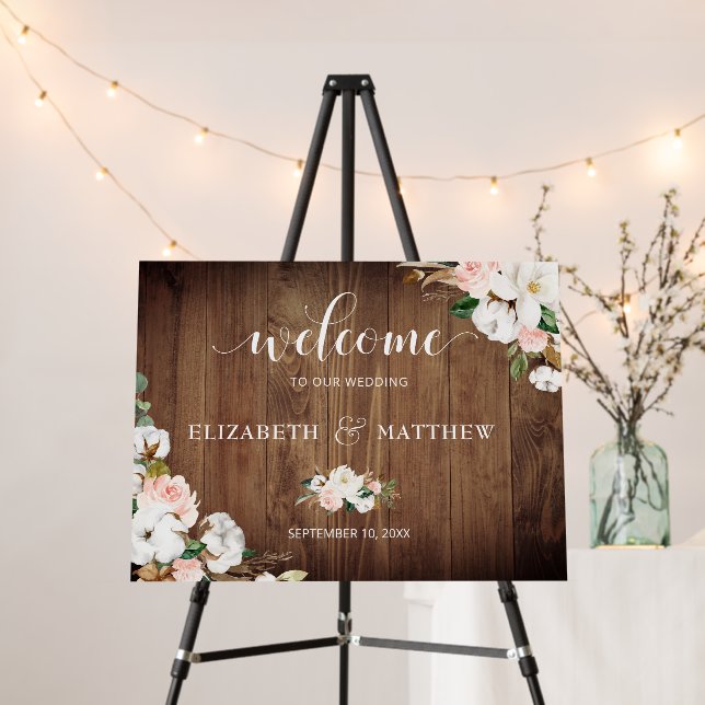 Magnolia Floral Rustic Wood Wedding Welcome Sign (In Situ (Stand))