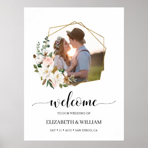 Magnolia Floral Script Photo Wedding Welcome Sign