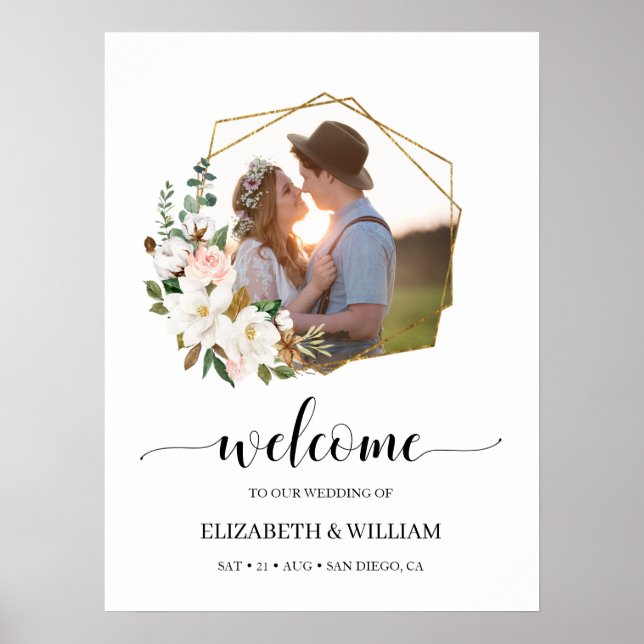 Magnolia Floral Script Photo Wedding Welcome Sign (Front)