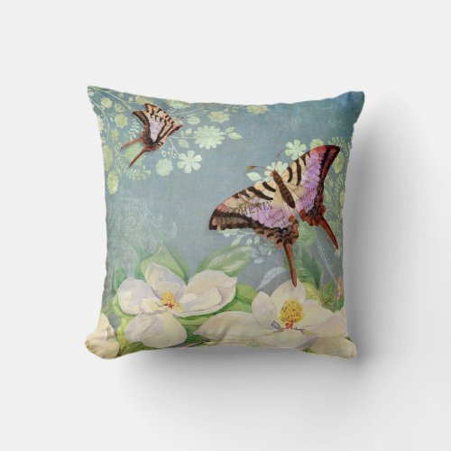 Magnolia Floral Vintage Butterfly Blue Watercolor Throw Pillow