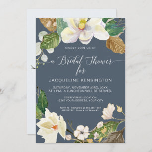 Magnolia Floral Watercolor Foliage Dusty Blue Navy Invitation