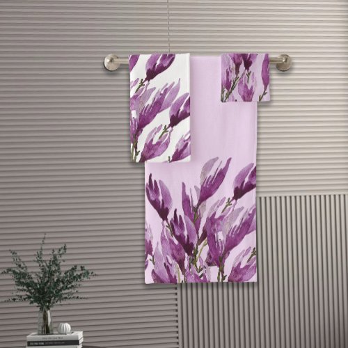 Magnolia Floral Watercolor Violet Blush Bath Towel Set