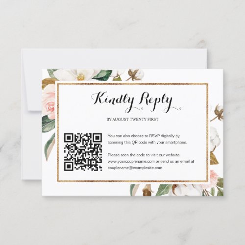 Magnolia Floral Wedding QR Code Photo RSVP Card