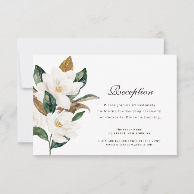 Magnolia floral wedding reception card (Front)