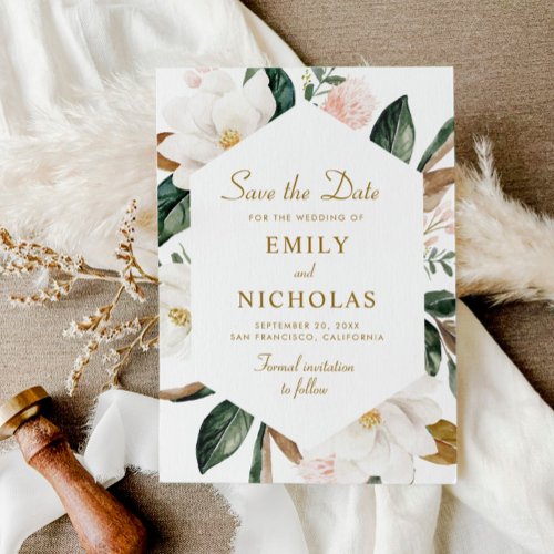 magnolia floral wedding save the date card