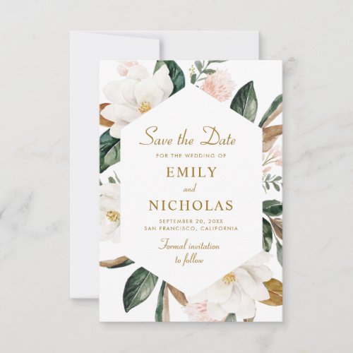 magnolia floral wedding save the date card