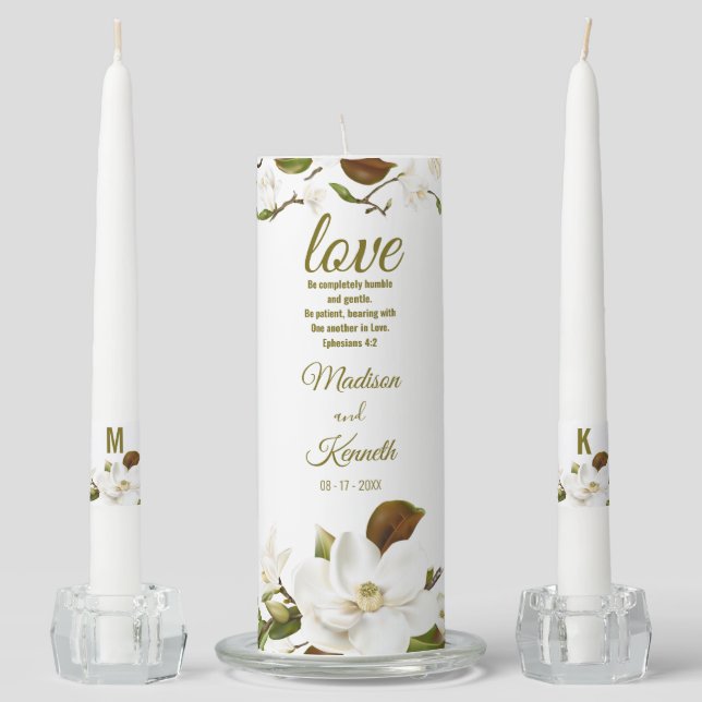 Magnolia Floral Wedding Unity Candle Set (Front)