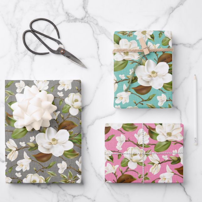 Magnolia Floral Wedding Wrapping Paper Sheets (Front)
