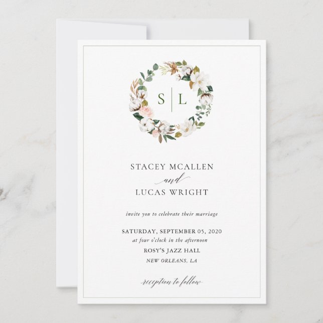 Magnolia Floral Wreath Invitation (Front)