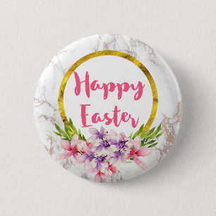 Magnolia Florals on White Marble Easter Pinback Button