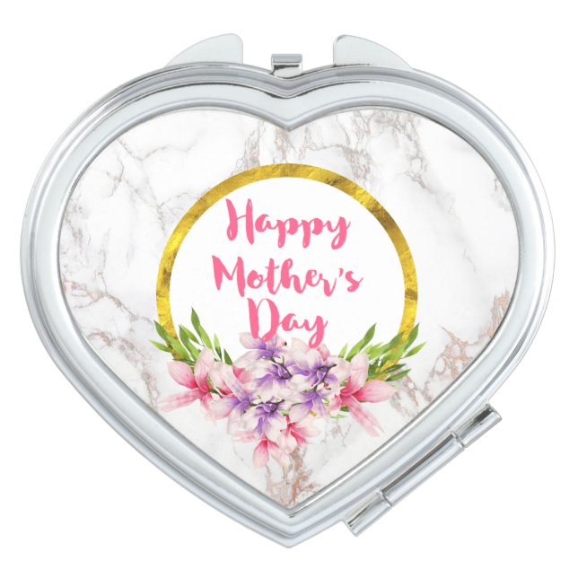 Magnolia Florals on White Marble Mother's Day Compact Mirror (Front)