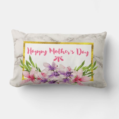 Magnolia Florals on White Marble Mothers Day Lumbar Pillow