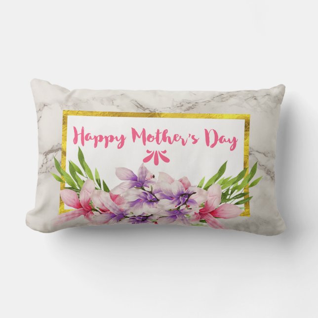 Magnolia Florals on White Marble Mother's Day Lumbar Pillow (Front)
