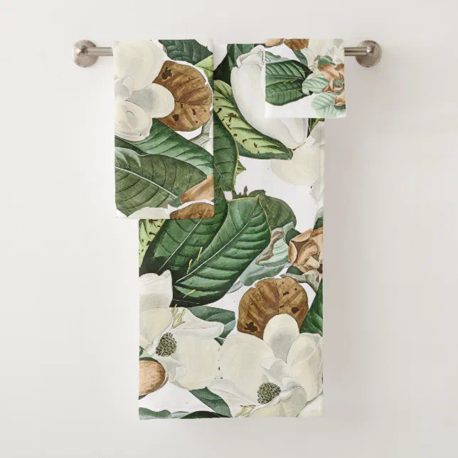 Magnolia Flower Blossoms Leaves Bath Towel Set | Zazzle