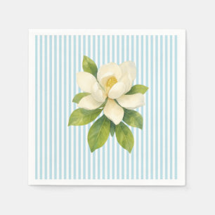 Magnolia Flower Custom Wedding Blue Stripe Napkins