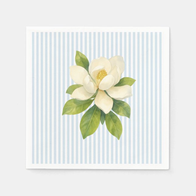 Magnolia Flower Custom Wedding Blue Stripe Napkins (Front)